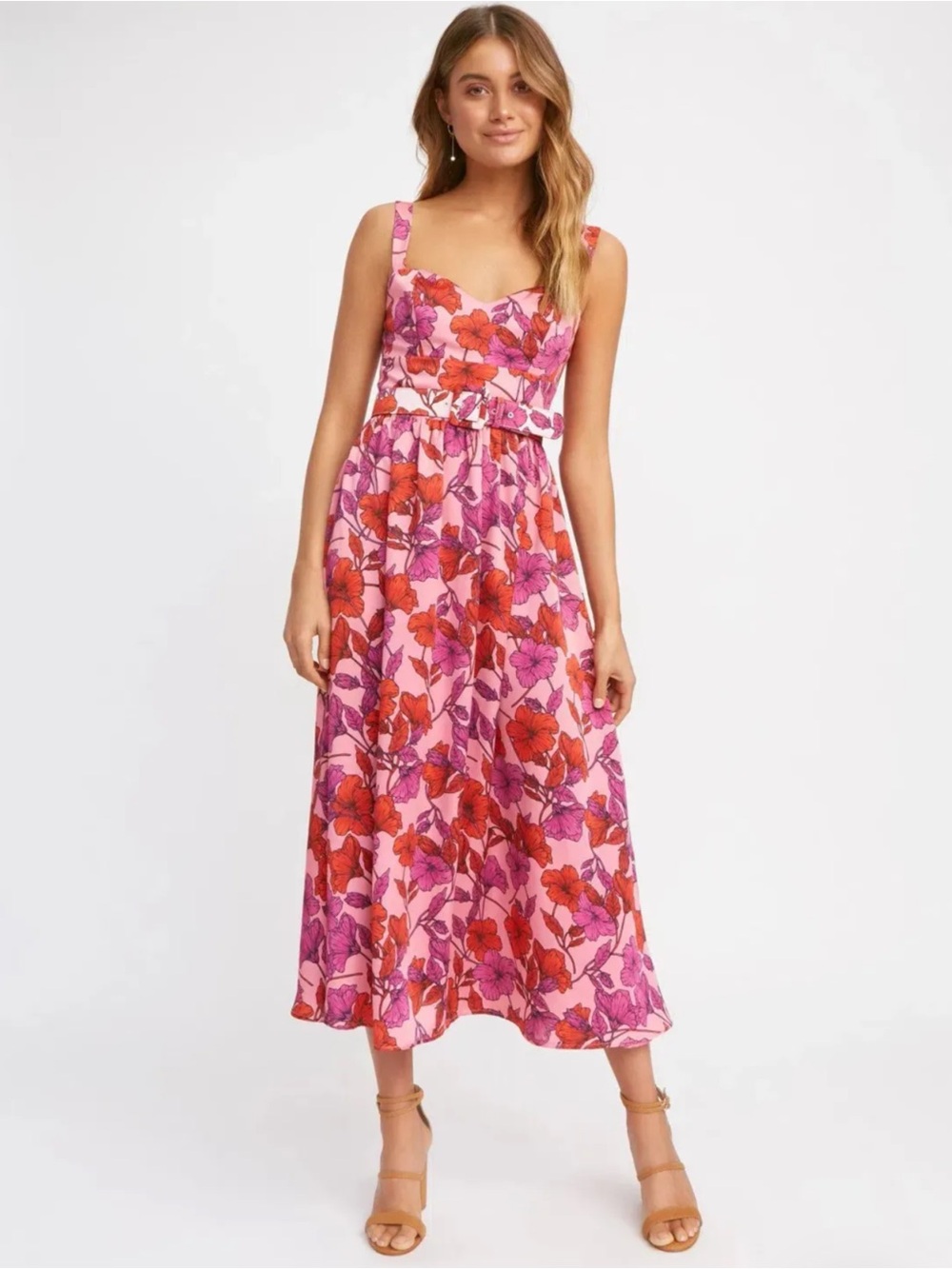 Kookai Valencia Pink Floral Belted Sweetheart Midi Dress Size 34 / US 2